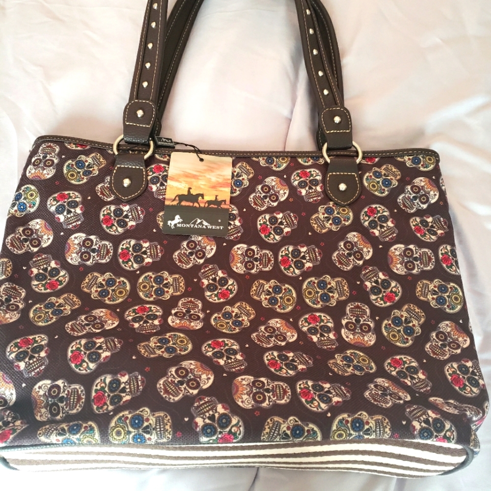 Sugar skull design nice large tote purse brown 17 x 13 x 5  new with handle